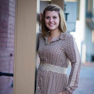Beige Floral print button dress w/ lace detail